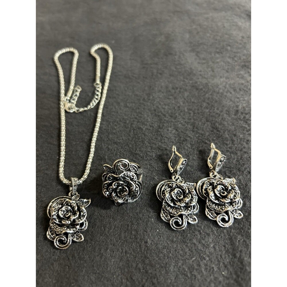 Antiqued Silver Tone 3D Rose With Marcasite Stones Necklace Ring Earrings J240